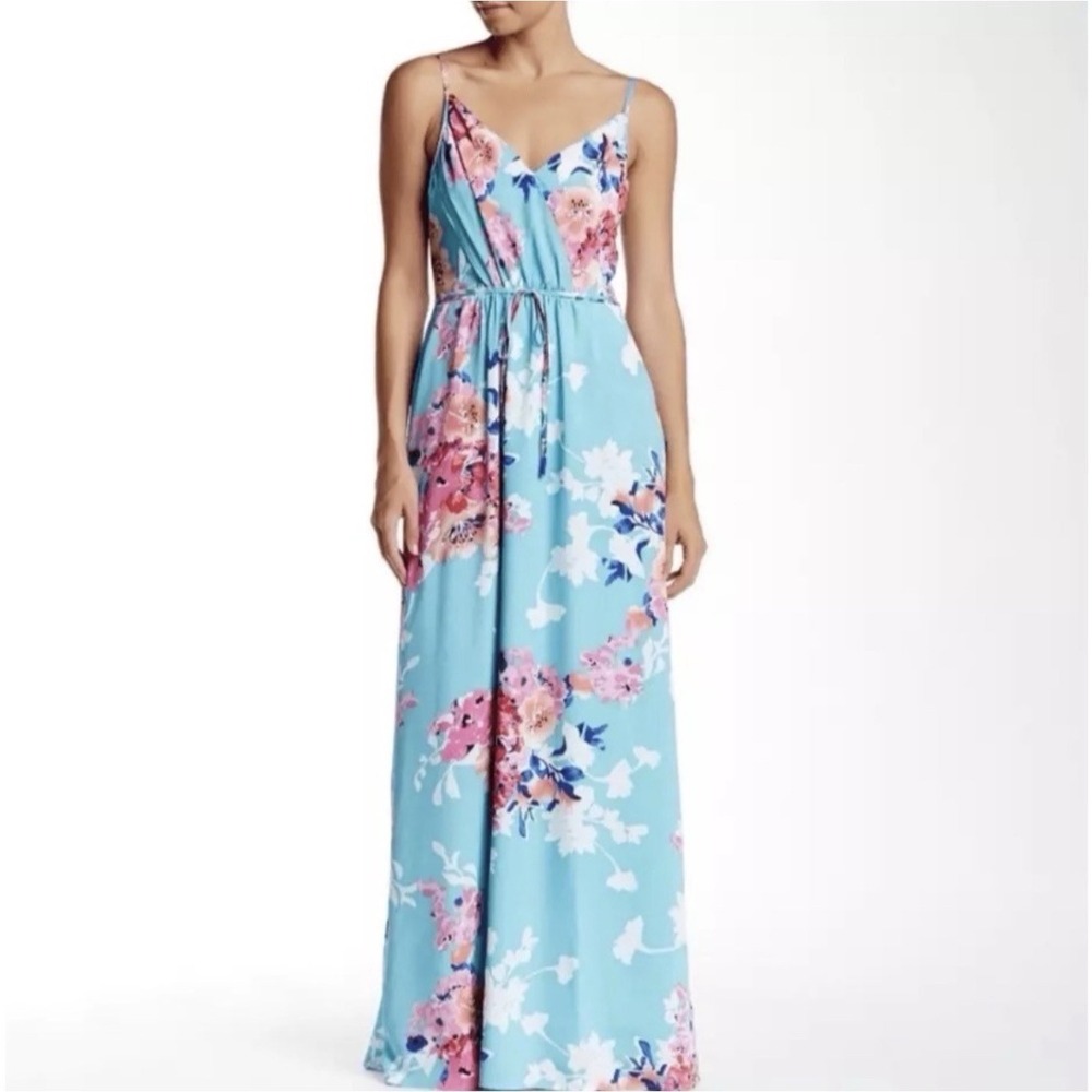 Yumi Kim Cleo Silky Maxi Dress Turquoise Floral Faux Wrap Sz S